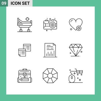 9 User Interface Outline Pack of modern Signs and Symbols of analytics pages heartbeat office note Editable Vector Design Elements