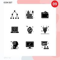 Mobile Interface Solid Glyph Set of 9 Pictograms of islamic upload wallet laptop finance Editable Vector Design Elements