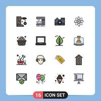 16 User Interface Flat Color Filled Line Pack of modern Signs and Symbols of lab energy machine atom retro camera Editable Creative Vector Design Elements