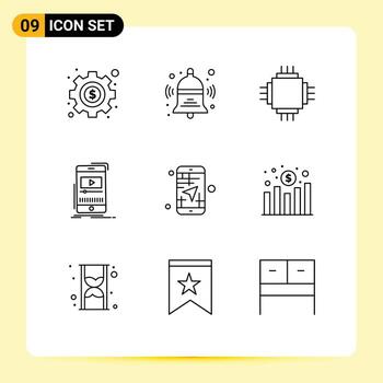 User Interface Pack of 9 Basic Outlines of mobile video devices player media Editable Vector Design Elements