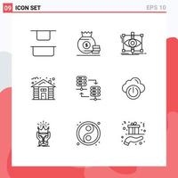 Pictogram Set of 9 Simple Outlines of server hosting tree draft hut forest Editable Vector Design Elements