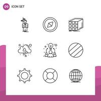 Group of 9 Modern Outlines Set for team business cube fall heart Editable Vector Design Elements