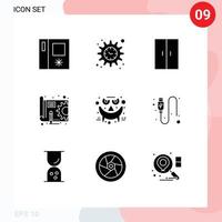 Mobile Interface Solid Glyph Set of 9 Pictograms of smiley face home appliances emots pen Editable Vector Design Elements