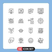 Group of 16 Modern Outlines Set for info contact internet computer coffee Editable Vector Design Elements