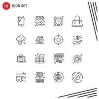 Editable Vector Line Pack of 16 Simple Outlines of cloud fashion love bag time Editable Vector Design Elements