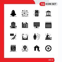 Mobile Interface Solid Glyph Set of 16 Pictograms of buildings campus wind bank taxi Editable Vector Design Elements