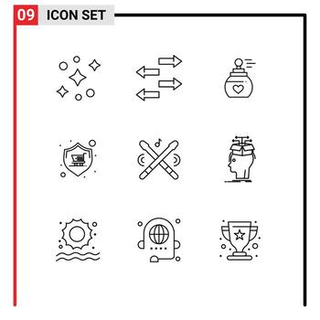 Pack of 9 Modern Outlines Signs and Symbols for Web Print Media such as music drum fragrant warranty shopping Editable Vector Design Elements