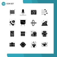 Group of 16 Modern Solid Glyphs Set for weather blow microphone air calender Editable Vector Design Elements