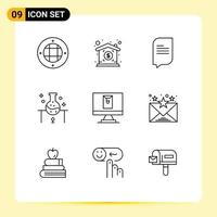 Mobile Interface Outline Set of 9 Pictograms of letter email conversation science lab science Editable Vector Design Elements
