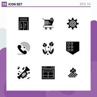 Modern Set of 9 Solid Glyphs Pictograph of flora ring wheel receiver call Editable Vector Design Elements