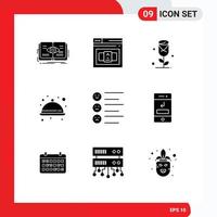 grupo de 9 signos y símbolos de glifos sólidos para elementos de diseño de vectores editables de alimentos de comida html de artículos de lista