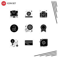 Set of 9 Commercial Solid Glyphs pack for economy money kit bitcoin media player Editable Vector Design Elements