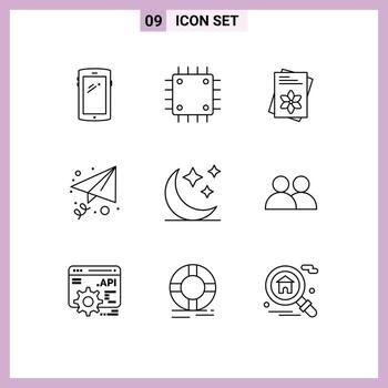 Modern Set of 9 Outlines and symbols such as crescent message gadget email flower Editable Vector Design Elements