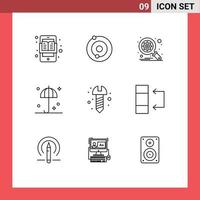 9 Universal Outlines Set for Web and Mobile Applications screw diy database umbrella safety Editable Vector Design Elements