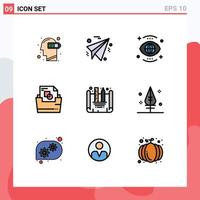 Mobile Interface Filledline Flat Color Set of 9 Pictograms of blueprint designing file folder eye document folder vision Editable Vector Design Elements