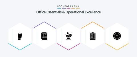 Office Essentials And Operational Exellence 25 Glyph icon pack including time. result. business. report card. success vector