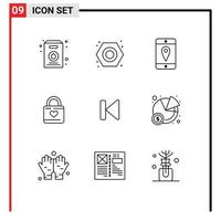 Modern Set of 9 Outlines and symbols such as control back location heart lock heart Editable Vector Design Elements