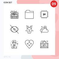 paquete de 9 signos y símbolos de contornos modernos para medios de impresión web, como elementos de diseño de vectores editables de hardware de cara de chip humano humano