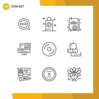 Editable Vector Line Pack of 9 Simple Outlines of dvd cd certificate room aircondition Editable Vector Design Elements