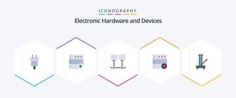 Paquete de 25 iconos planos de dispositivos que incluye el instrumento. servidor. conectar. favorito. servidor vector