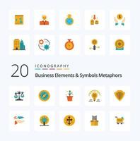 20 Business Elements And Symbols Metaphors Flat Color icon Pack like sheild light bulb growing light plant vector