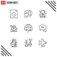 paquete de iconos vectoriales de stock de 9 signos y símbolos de línea para datos de cámaras web de seguros elementos de diseño vectorial editables por computadora vector