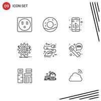 User Interface Pack of 9 Basic Outlines of eco leaf setting energy progress Editable Vector Design Elements