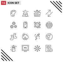 Pack of 16 Modern Outlines Signs and Symbols for Web Print Media such as service gears sea configuration change Editable Vector Design Elements