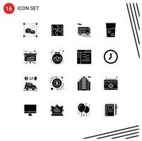 Pack of 16 creative Solid Glyphs of set food solve done vehicle Editable Vector Design Elements