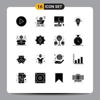 Pack of 16 Modern Solid Glyphs Signs and Symbols for Web Print Media such as cog business monitor focus bulb Editable Vector Design Elements