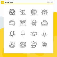 Modern Set of 16 Outlines Pictograph of user interface pointer gear network Editable Vector Design Elements