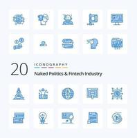 Paquete de iconos de color azul de 20 políticas desnudas e industria fintech como dinero criptomoneda de crédito rica en Internet vector