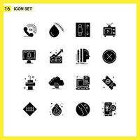 16 User Interface Solid Glyph Pack of modern Signs and Symbols of screen monitor elevator video television Editable Vector Design Elements