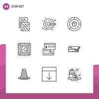 Set of 9 Vector Outlines on Grid for card processor analysis microchip report Editable Vector Design Elements