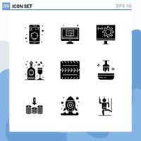 Editable Vector Line Pack of 9 Simple Solid Glyphs of wheel party coding disco programming Editable Vector Design Elements