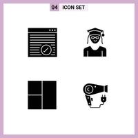 Universal Icon Symbols Group of 4 Modern Solid Glyphs of browser layout webpage graduation hair Editable Vector Design Elements