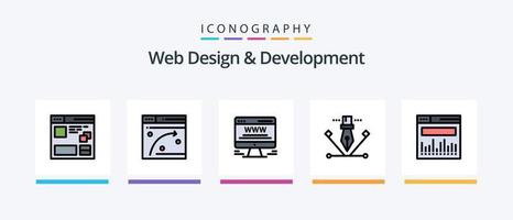 La línea de diseño y desarrollo web llenó un paquete de 5 íconos que incluye ilustración. obra de arte página web. engranaje. diseño de iconos creativos vector