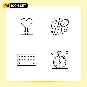 Mobile Interface Line Set of 4 Pictograms of heart watch bean hardware quarter Editable Vector Design Elements