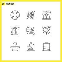 Pack of 9 Modern Outlines Signs and Symbols for Web Print Media such as balloons support team messages list Editable Vector Design Elements