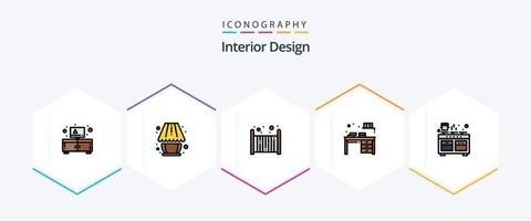 paquete de iconos de 25 líneas rellenas de diseño de interiores que incluye cocina. casa. cama. libro. mesa vector