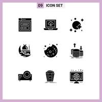 Set of 9 Vector Solid Glyphs on Grid for cake mosque galaxy moon crescent Editable Vector Design Elements