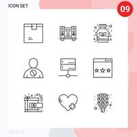 Pack of 9 Modern Outlines Signs and Symbols for Web Print Media such as human body music blocked medicine Editable Vector Design Elements