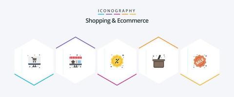 compras y comercio electrónico 25 paquete de iconos planos que incluye compras. etiqueta. reducción. Insignia. las compras en línea vector