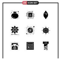 Mobile Interface Solid Glyph Set of 9 Pictograms of economy nuclear food physics science Editable Vector Design Elements