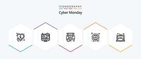 Cyber Monday 25 Line icon pack including laptop. monday. discount. holding. online shop vector