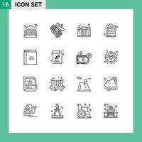 Universal Icon Symbols Group of 16 Modern Outlines of book list camera clipboard thinking Editable Vector Design Elements