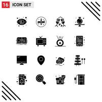 Mobile Interface Solid Glyph Set of 16 Pictograms of knowledge ring tool present present Editable Vector Design Elements