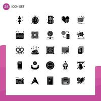 Set of 25 Commercial Solid Glyphs pack for alert heart time switch shutdown Editable Vector Design Elements