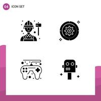 User Interface Pack of 4 Basic Solid Glyphs of employee game controller labour cog play Editable Vector Design Elements