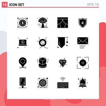 16 Universal Solid Glyphs Set for Web and Mobile Applications laptop shield curtain money window Editable Vector Design Elements